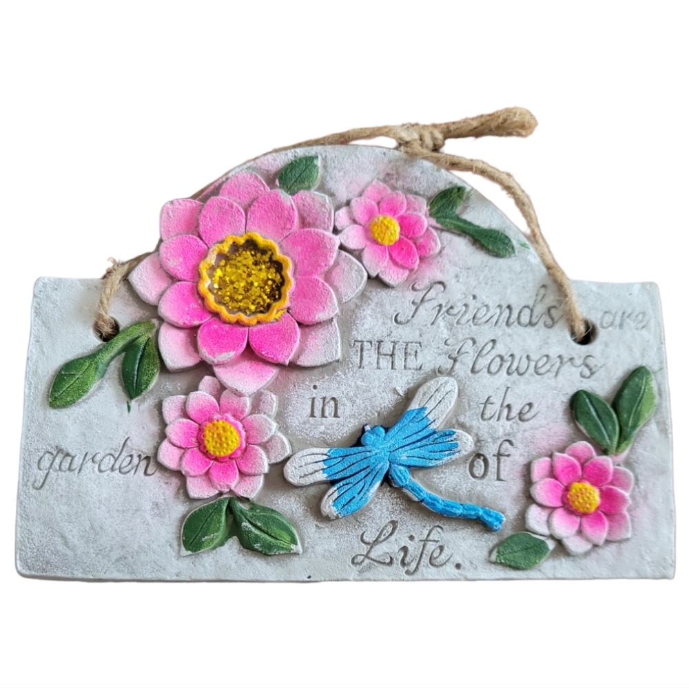 Vtg Décor Wall Plaque ~ “Friend The Flowers In Garden Of Life” ~ Faux Stone